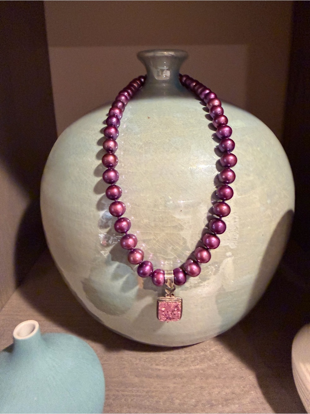 Plum Purple Shell Pearl Necklace with Fuchsia Druzy Agate Pendant
